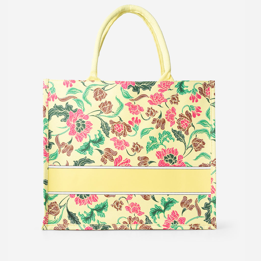 Floral Batik Large Canvas Tote - Yellow
