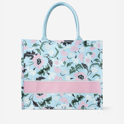 Floral Batik Large Canvas Tote - Baby Blue