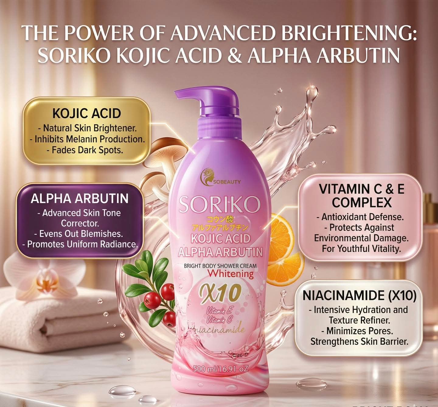 Soriko Kojic Acid Alpha Arbutin Bright Body Shower Cream 500ml