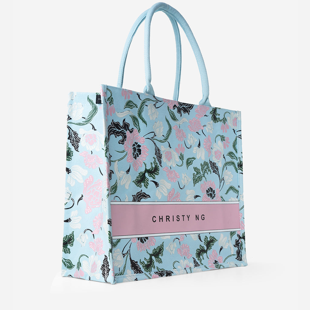 Floral Batik Large Canvas Tote - Baby Blue